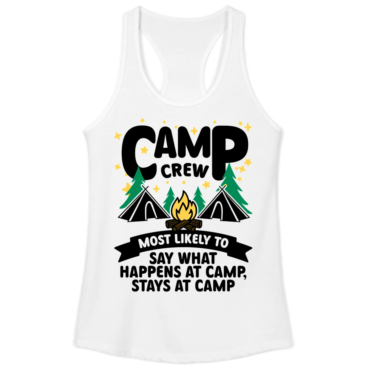 Camp Crew What Happens At Camp Ladies Tank in White
