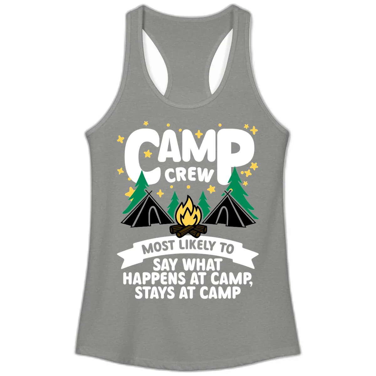 Camp Crew What Happens At Camp Ladies Tank in Heather Grey