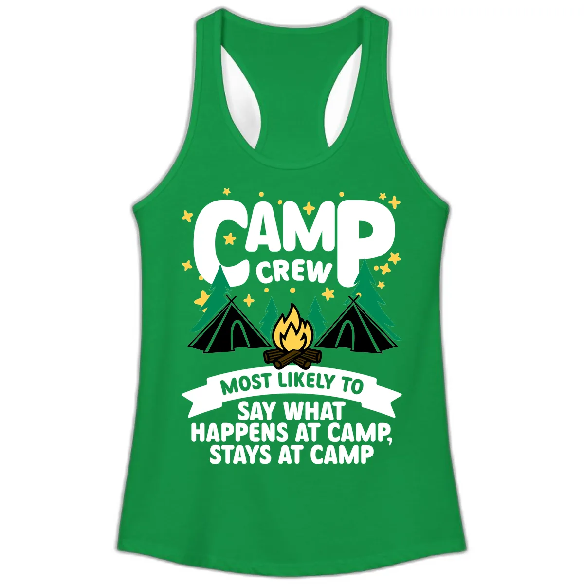 Camp Crew What Happens At Camp Ladies Tank in Solid Kelly Green