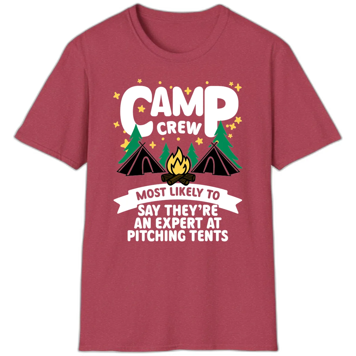 Camp Crew Tent Pitching Experts T-Shirt in Heather Cardinal