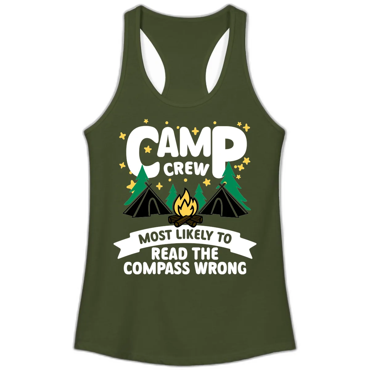 Camp Crew Compass Wrong Ladies Tank in Solid Military Green