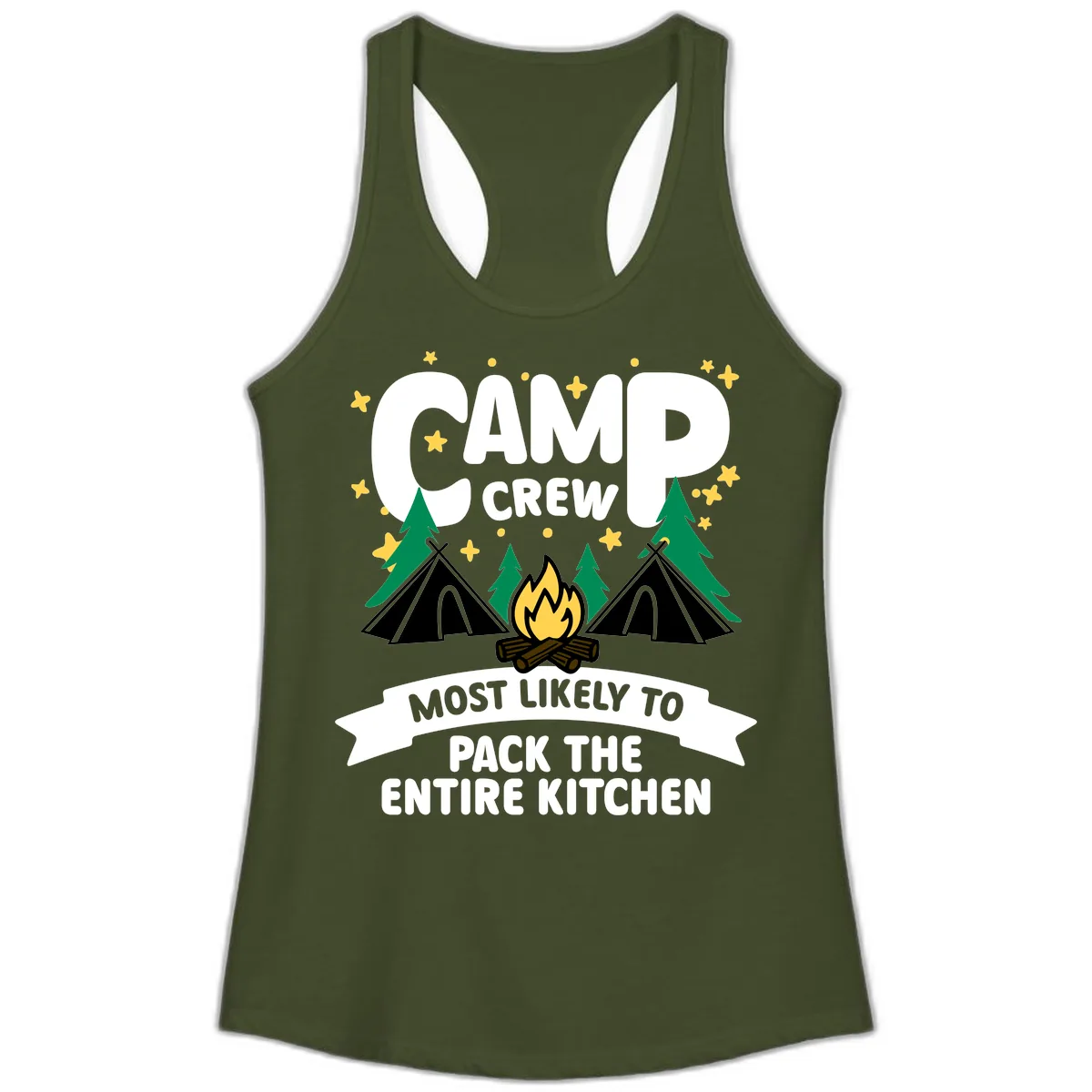 Camp Crew Most Likely To Pack The Kitchen Ladies Tank in Solid Military Green