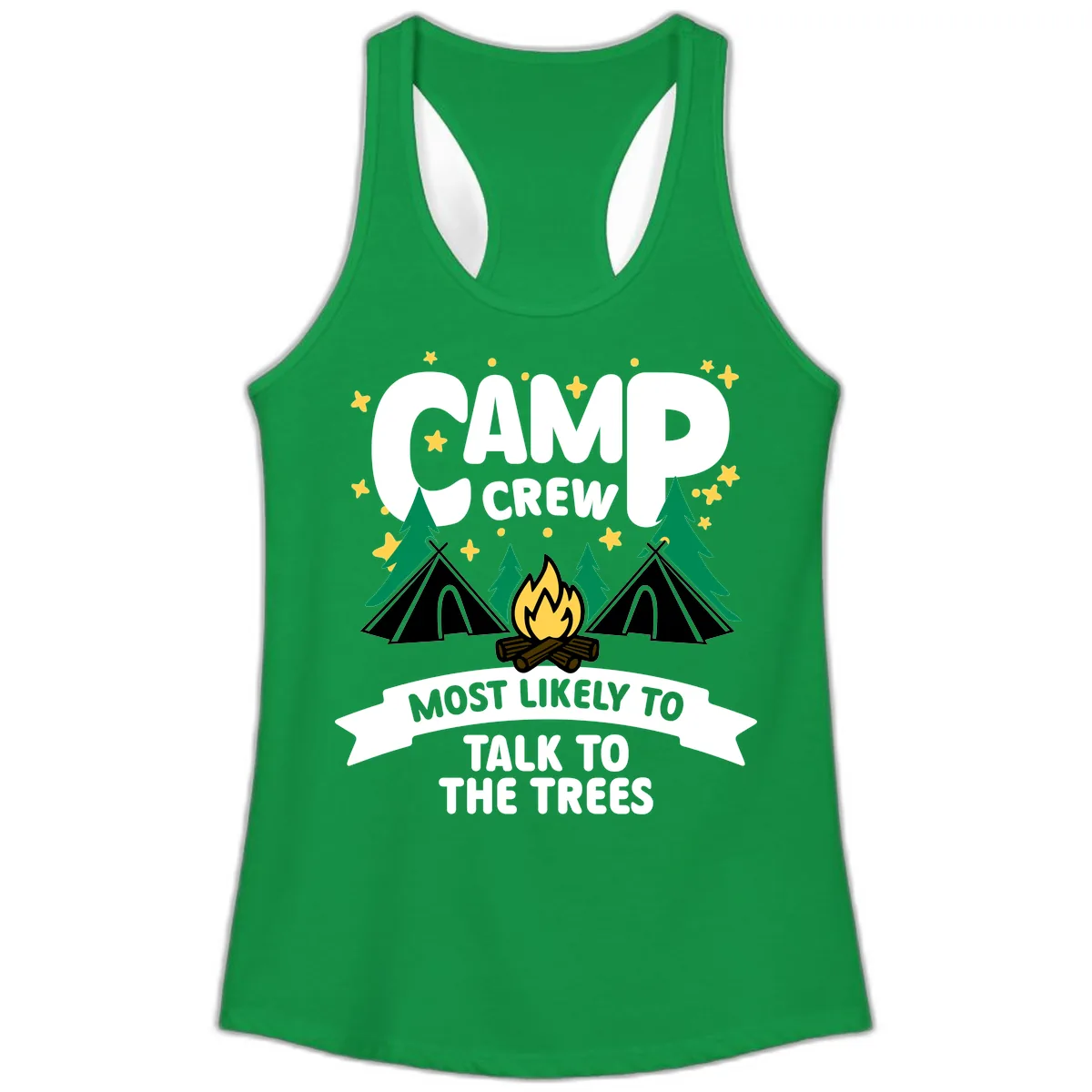 Camp Crew Most Likely To Talk To Trees Ladies Tank in Solid Kelly Green