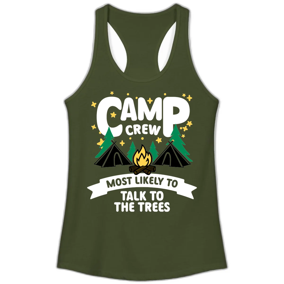 Camp Crew Most Likely To Talk To Trees Ladies Tank in Solid Military Green