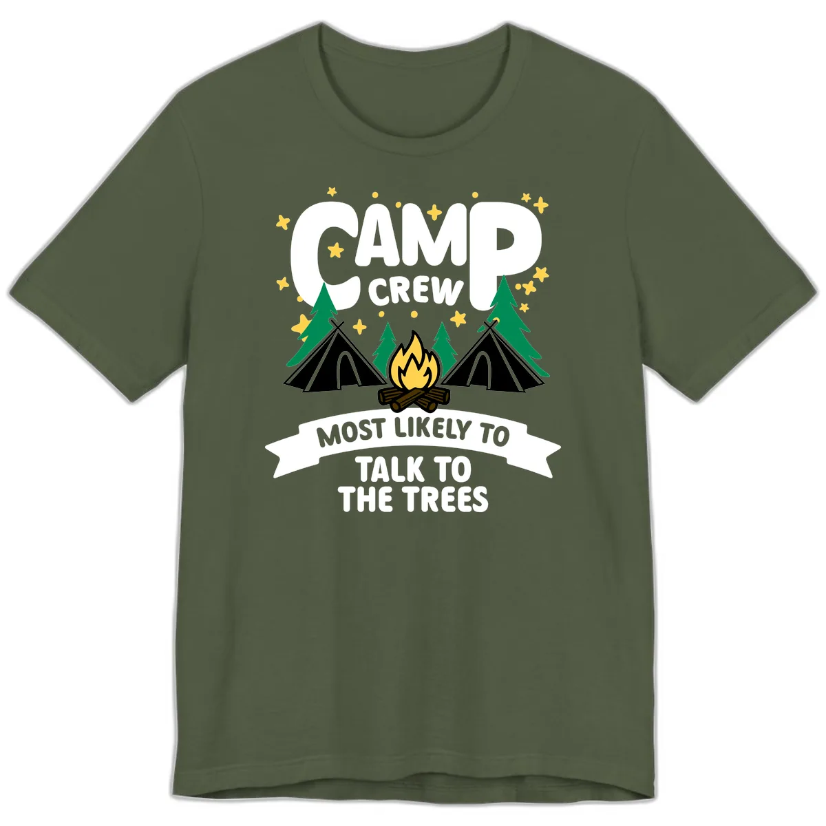 Camp Crew Most Likely To Talk To Trees Premium T-Shirt in Military Green