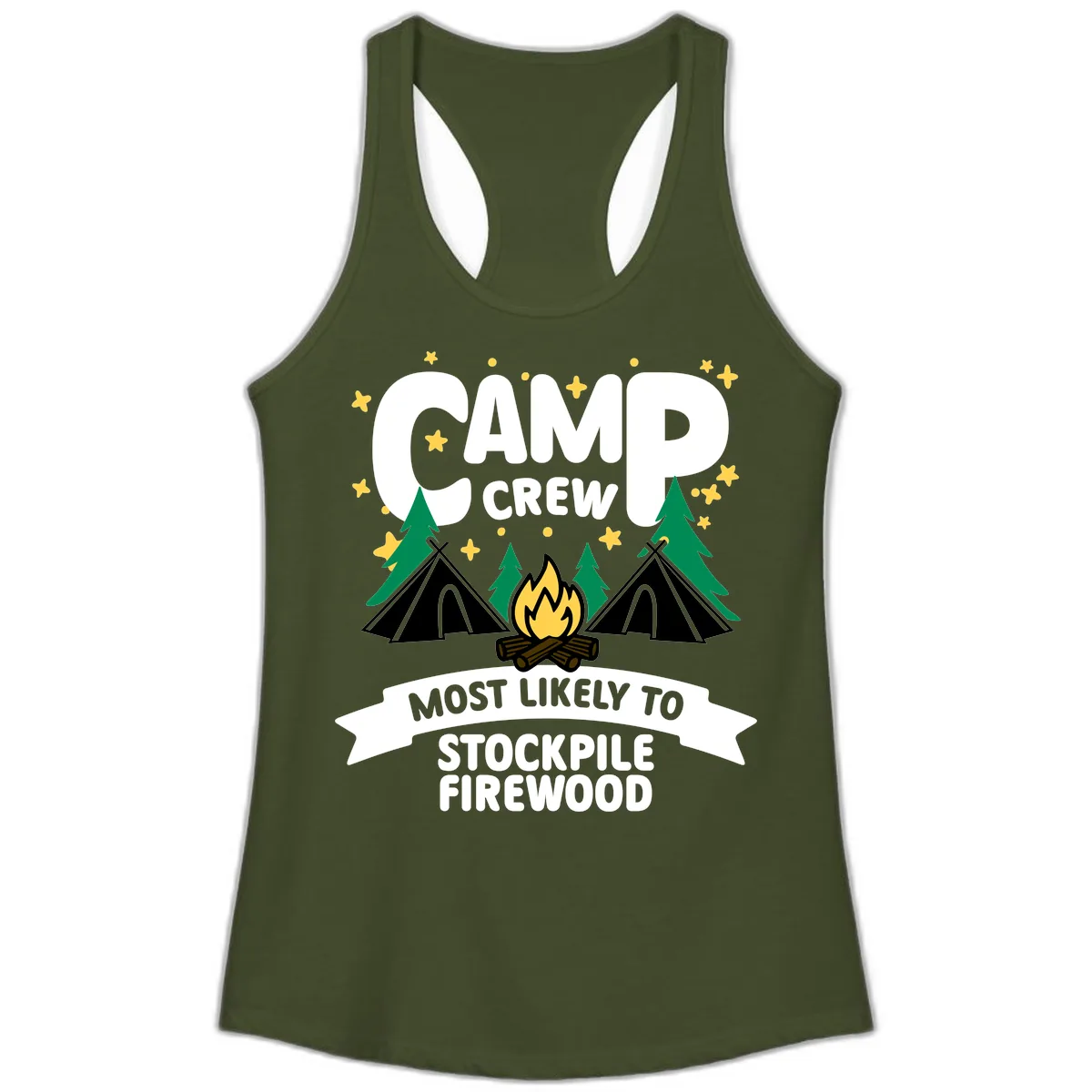 Camp Crew Most Likely To Stockpile Firewood Ladies Tank in Solid Military Green