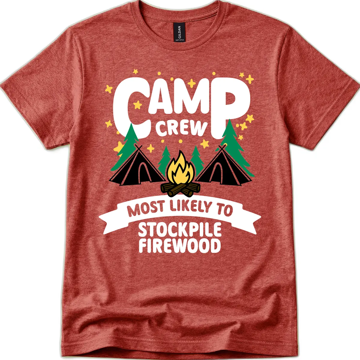 Camp Crew Most Likely To Stockpile Firewood T-Shirt in Heather Cardinal