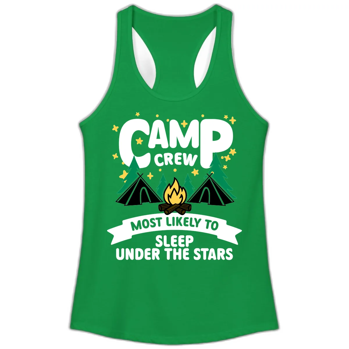 Camp Crew Most Likely To Sleep Under The Stars Ladies Tank in Solid Kelly Green