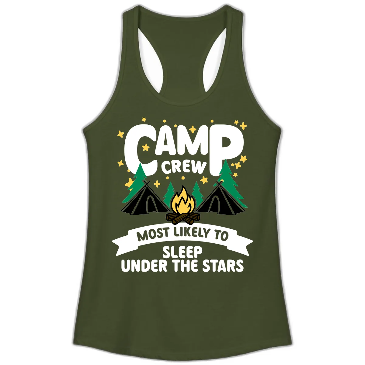 Camp Crew Most Likely To Sleep Under The Stars Ladies Tank in Solid Military Green