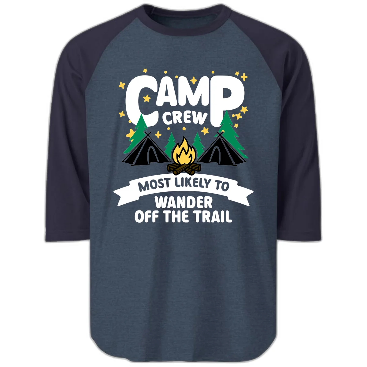Camp Crew Most Likely To Wander Off Trail Raglan 3/4 in Heather Denim Navy