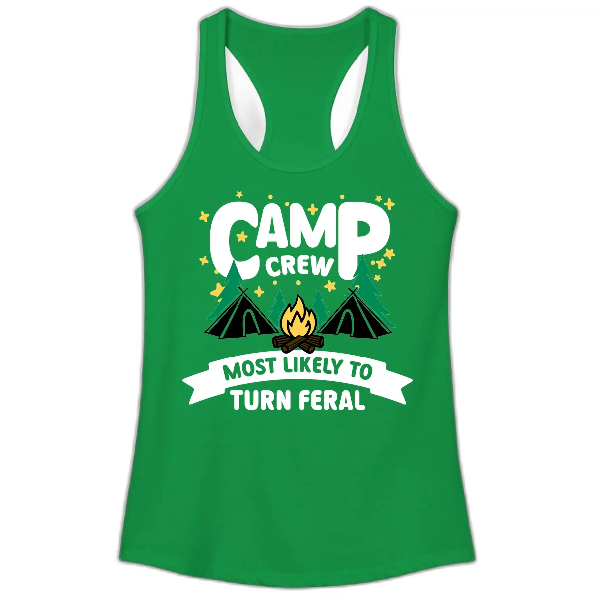 Camp Crew Most Likely To Turn Feral Ladies Tank in Solid Kelly Green