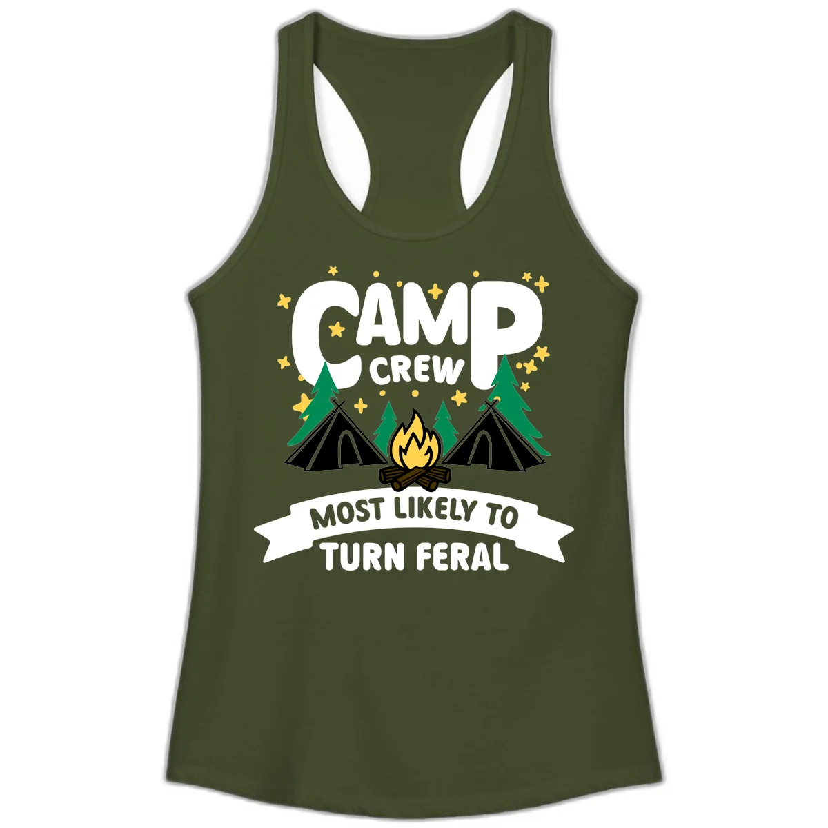 Camp Crew Most Likely To Turn Feral Ladies Tank in Solid Military Green
