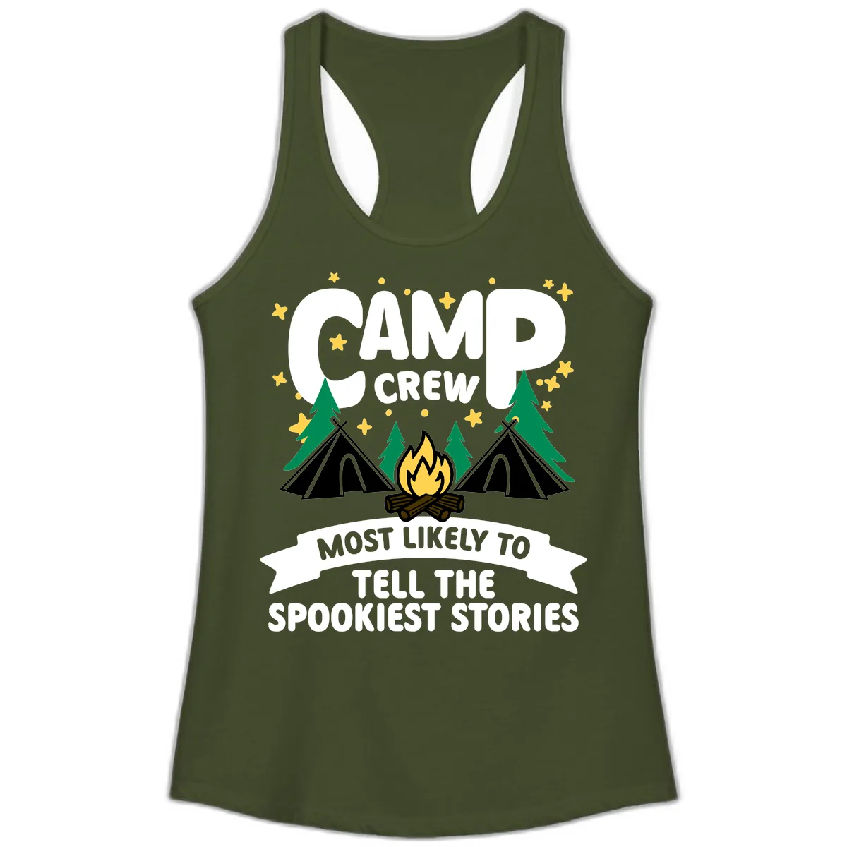 Camp Crew Spookiest Stories Ladies Tank in Solid Military Green