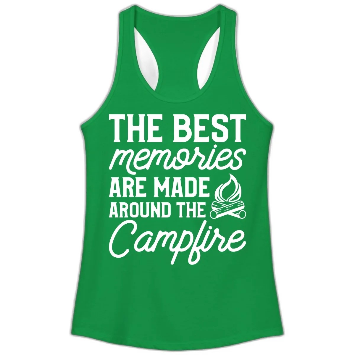 Best Memories Around The Campfire Ladies Tank in Solid Kelly Green