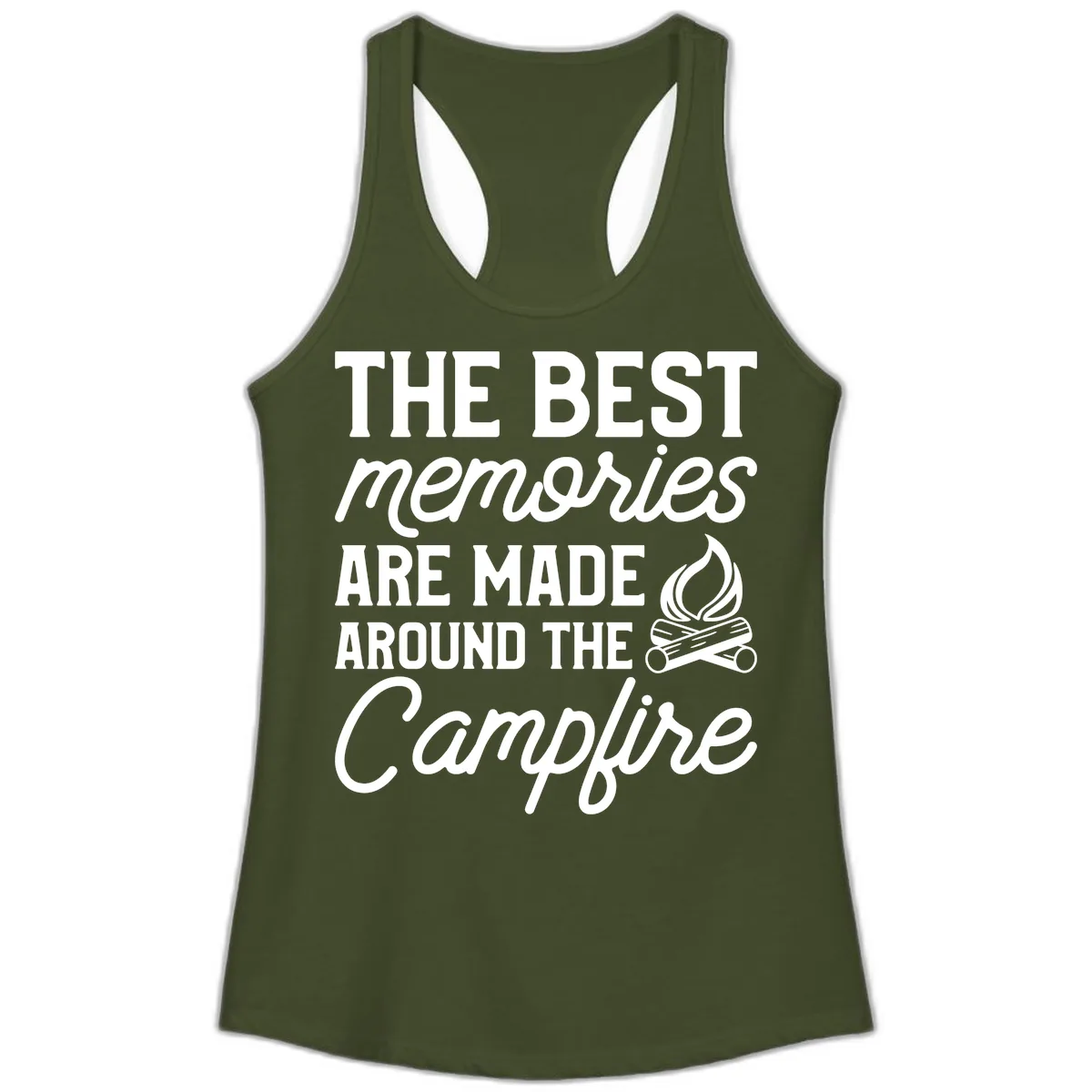 Best Memories Around The Campfire Ladies Tank in Solid Military Green