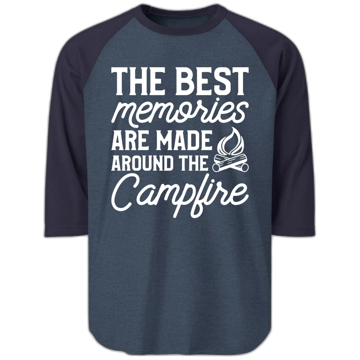 Best Memories Around The Campfire Raglan 3/4 in Heather Denim Navy