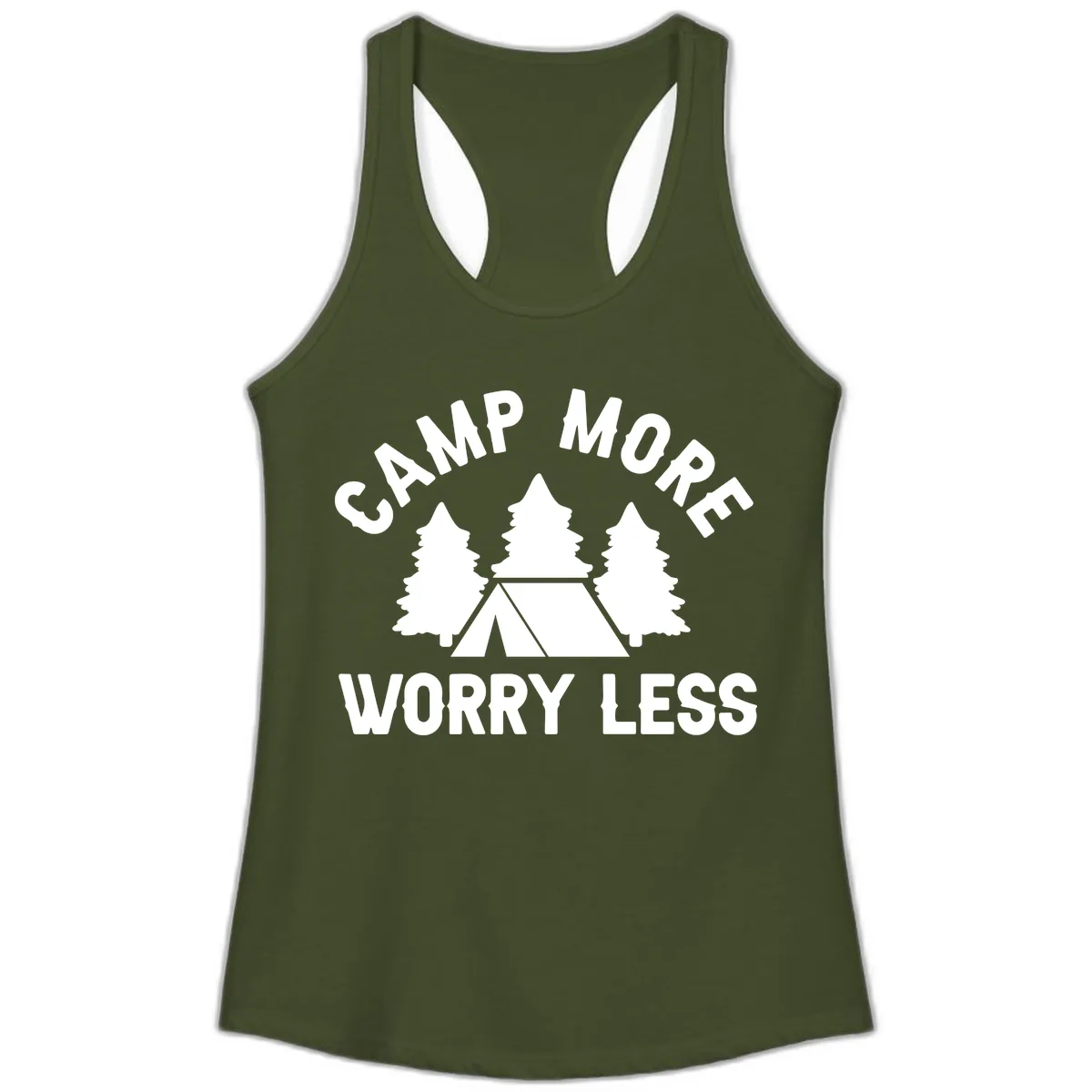 Camp More Worry Less Ladies Tank in Solid Military Green