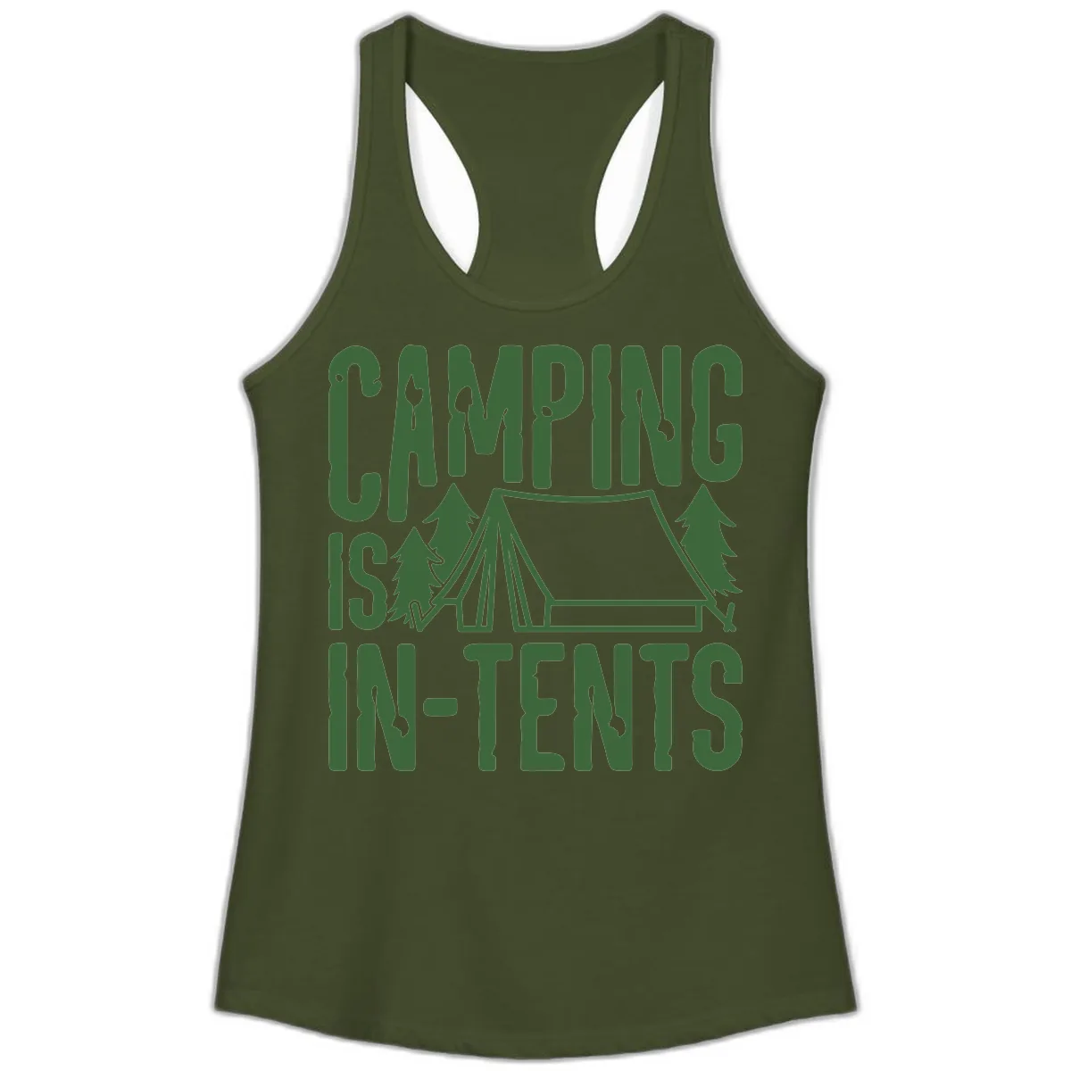 Camping Is In-Tents Ladies Tank in Solid Military Green