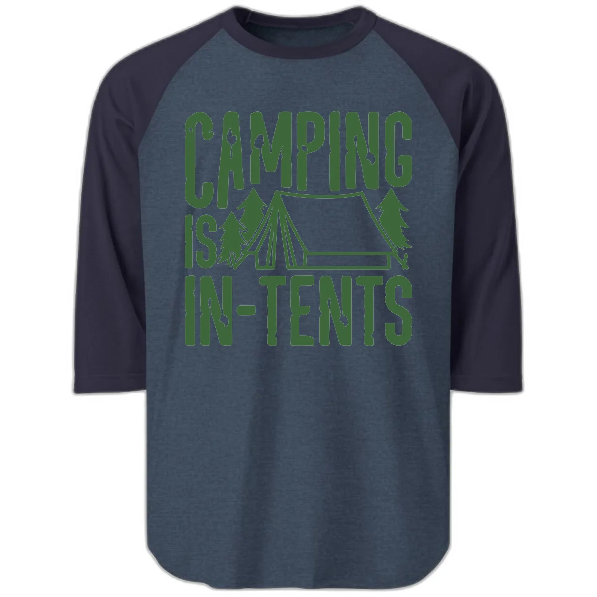 Camping Is In-Tents Raglan 3/4 in Heather Denim Navy