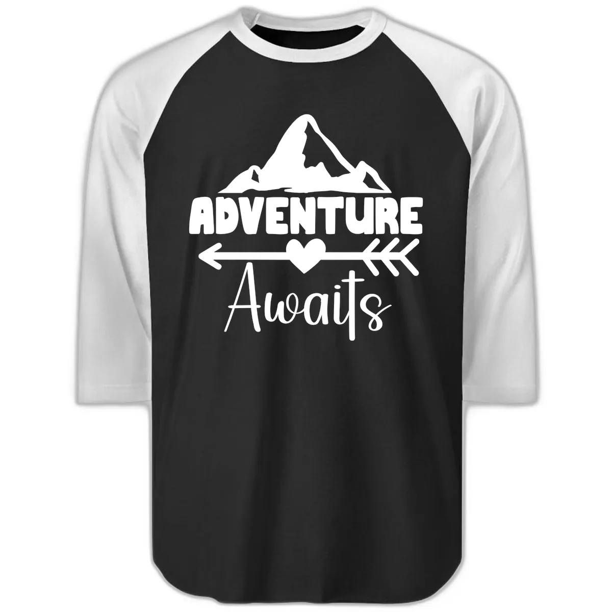 Adventure Awaits Mountain Heart Raglan 3/4 in Black White