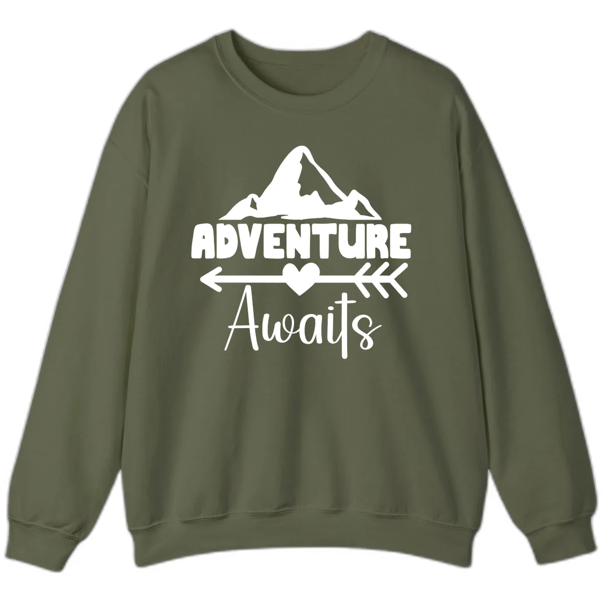 Adventure Awaits Mountain Heart Sweatshirt in Military Green