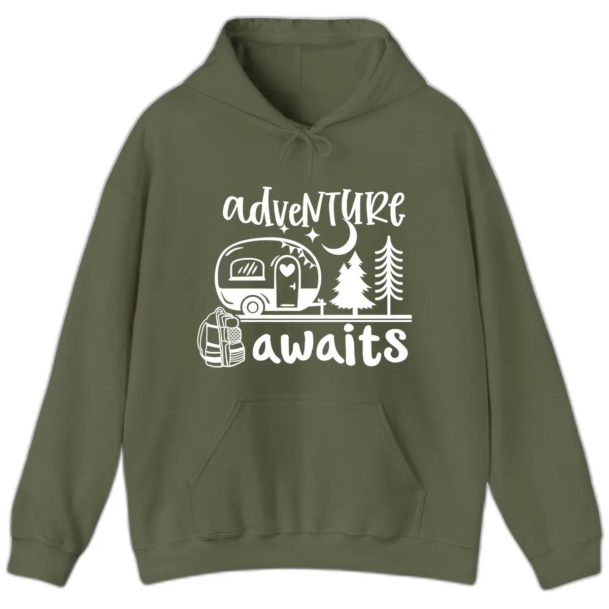 Adventure Awaits Camper Van Hoodie in Military Green