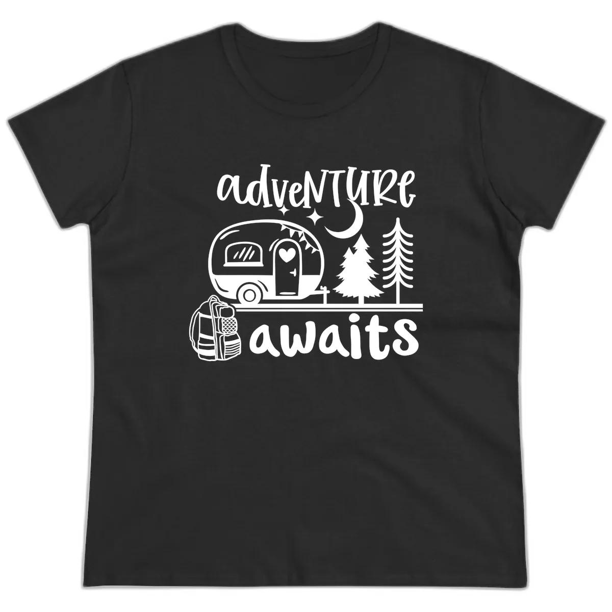 Adventure Awaits Camper Van Ladies Tee in Black