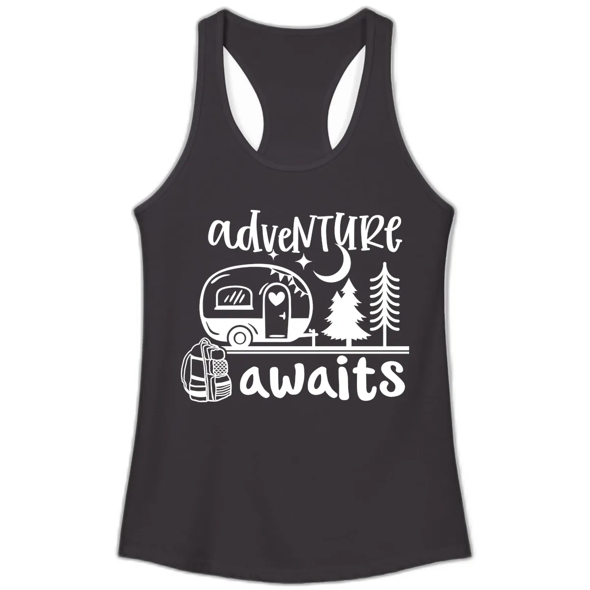 Adventure Awaits Camper Van Ladies Tank in Black