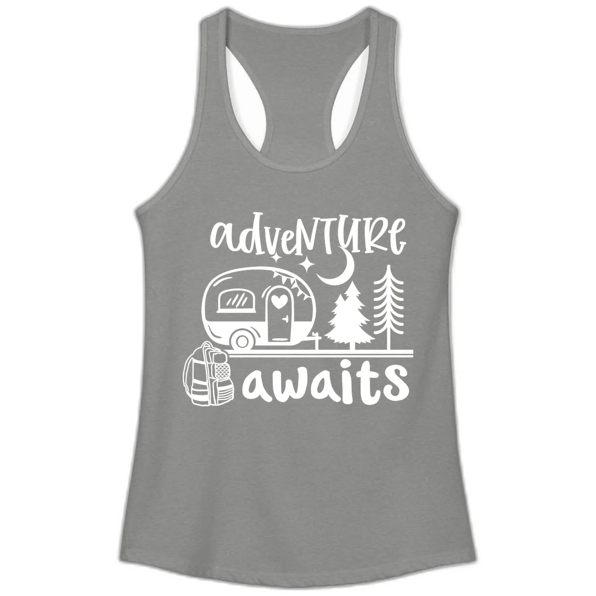 Adventure Awaits Camper Van Ladies Tank in Heather Grey