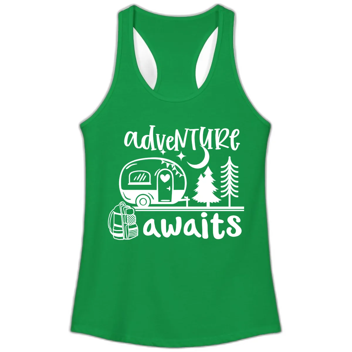 Adventure Awaits Camper Van Ladies Tank in Solid Kelly Green