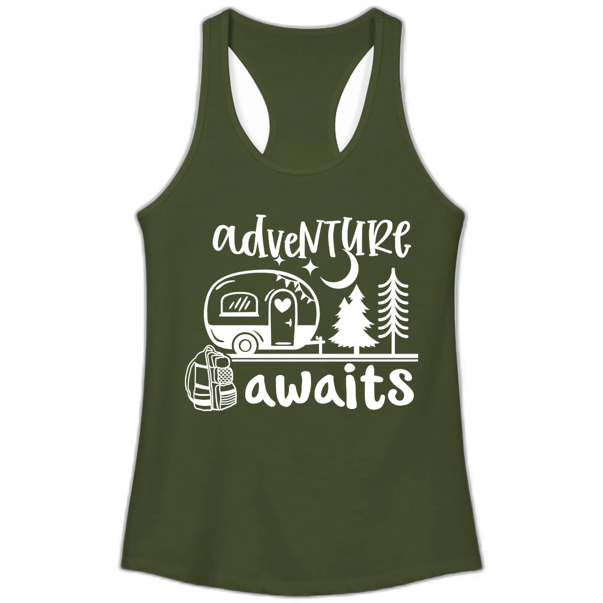 Adventure Awaits Camper Van Ladies Tank in Solid Military Green