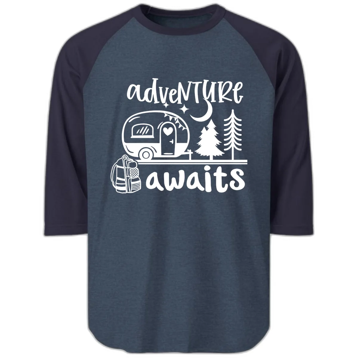 Adventure Awaits Camper Van Raglan 3/4 in Heather Denim Navy