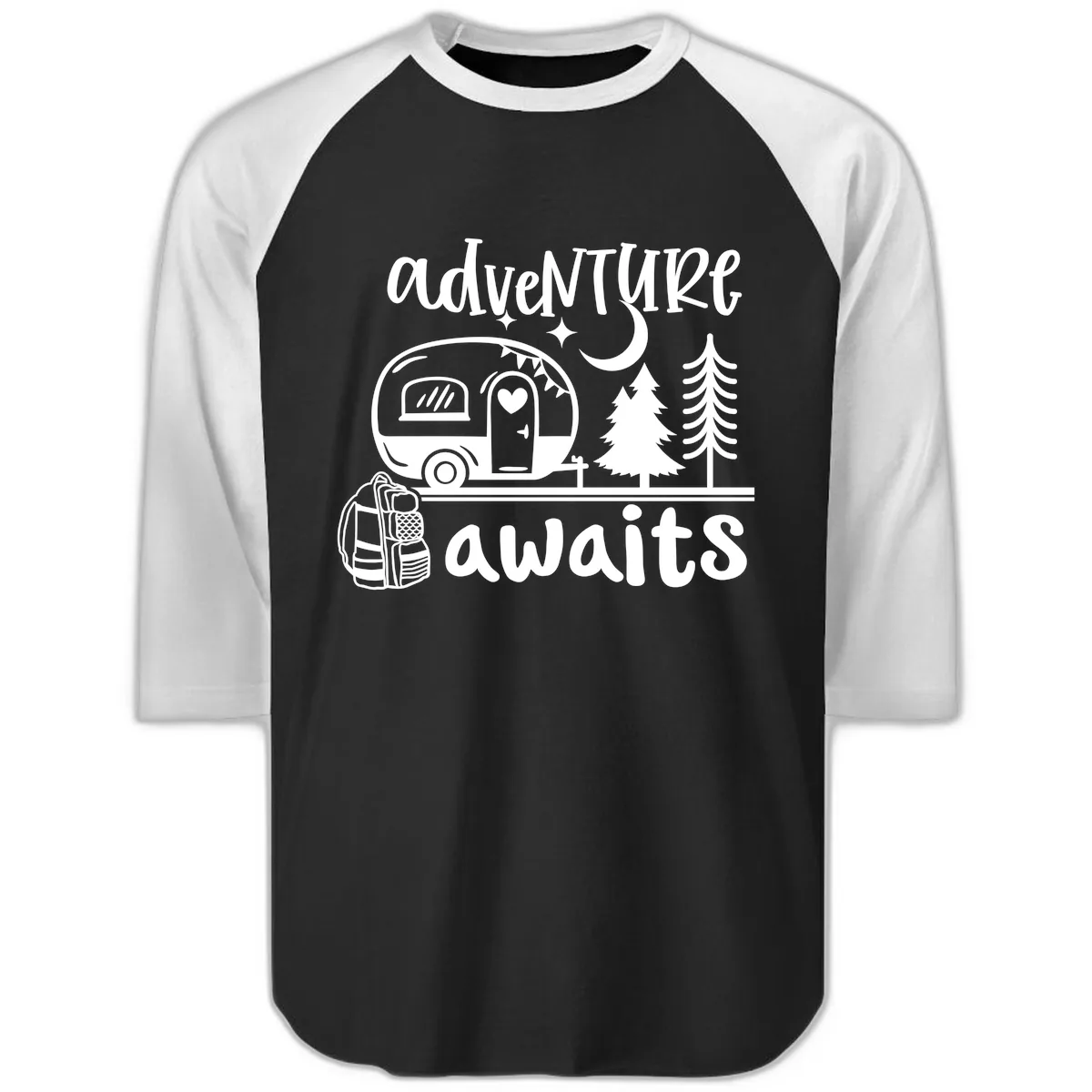 Adventure Awaits Camper Van Raglan 3/4 in Black White