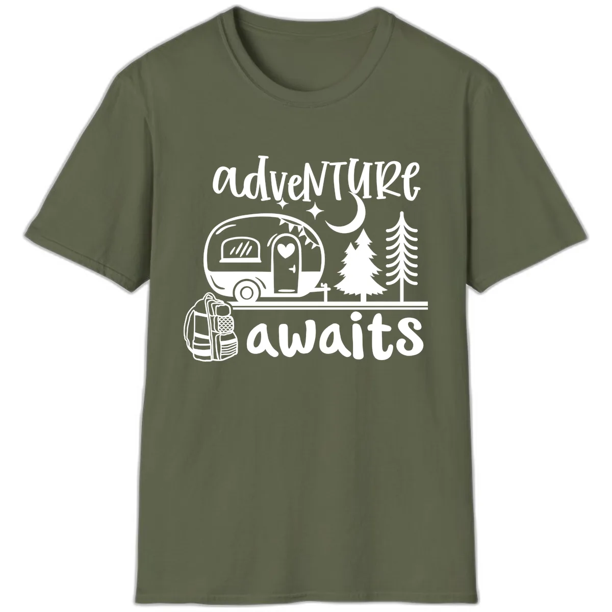 Adventure Awaits Camper Van T-Shirt in Military Green