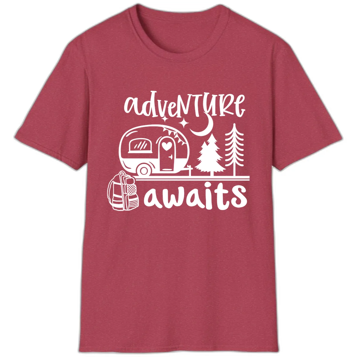 Adventure Awaits Camper Van T-Shirt in Heather Cardinal