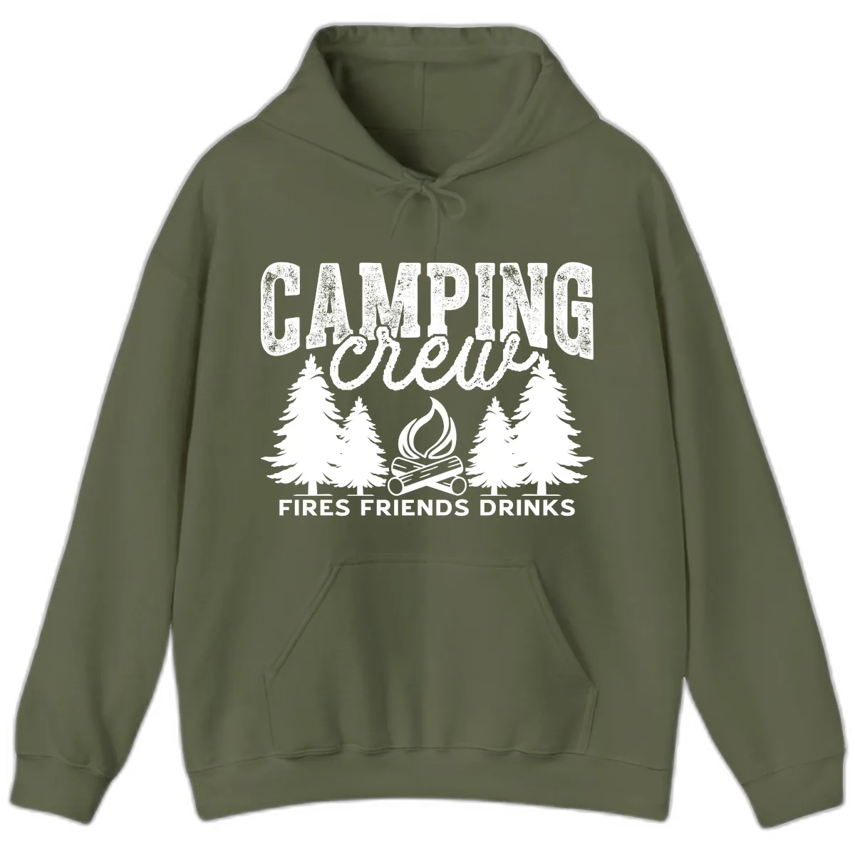 Camping Vibes Fires Friends Drinks Hoodie in Military Green