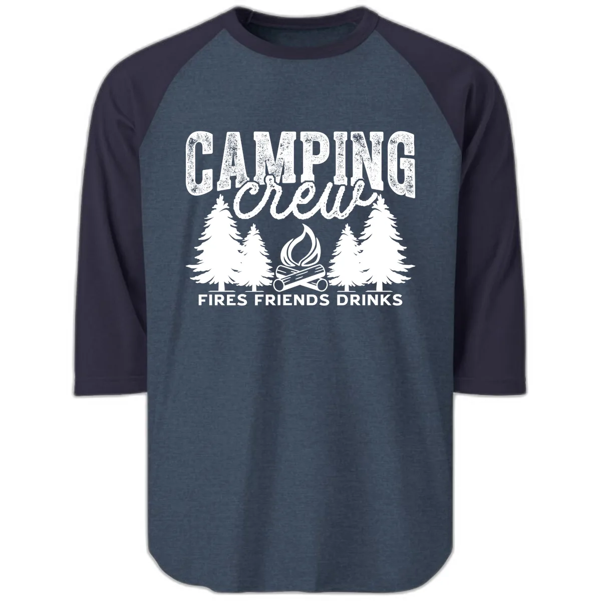 Camping Vibes Fires Friends Drinks Raglan 3/4 in Heather Denim Navy