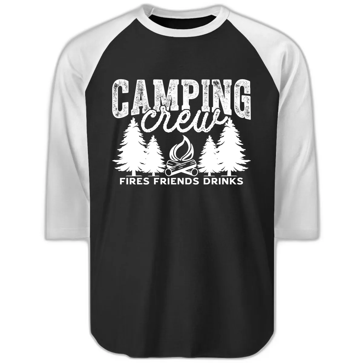 Camping Vibes Fires Friends Drinks Raglan 3/4 in Black White