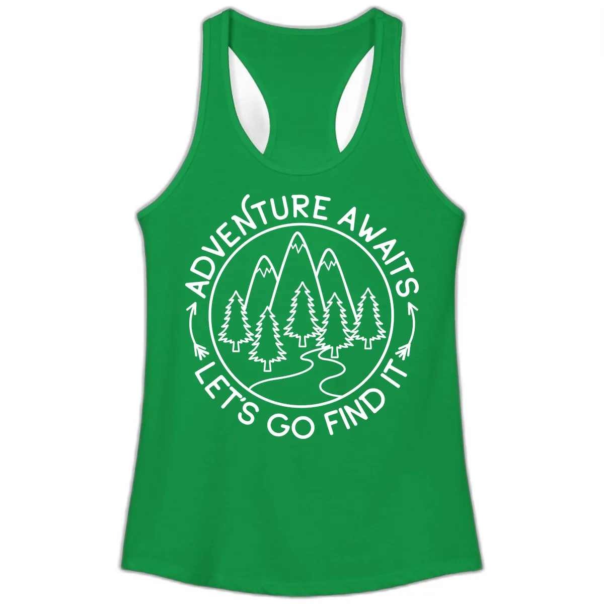 Adventure Awaits Let's Go Find It Ladies Tank in Solid Kelly Green