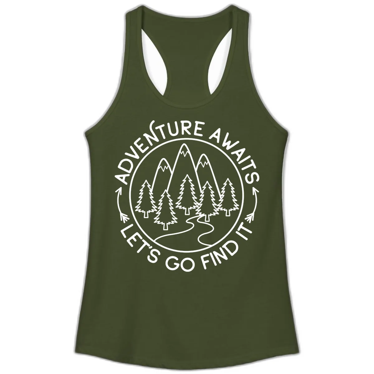 Adventure Awaits Let's Go Find It Ladies Tank in Solid Military Green