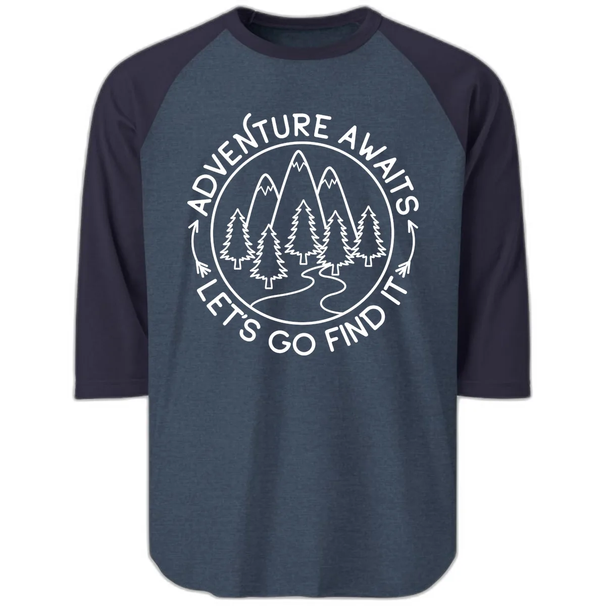 Adventure Awaits Let's Go Find It Raglan 3/4 in Heather Denim Navy