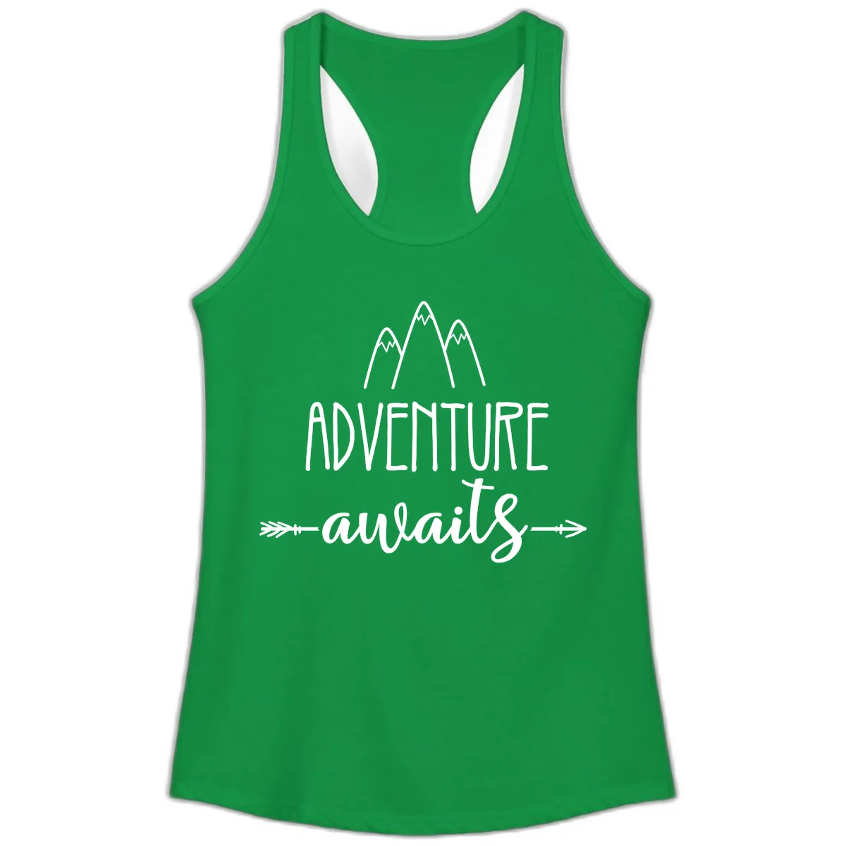 Adventure Awaits Mountains Ladies Tank in Solid Kelly Green