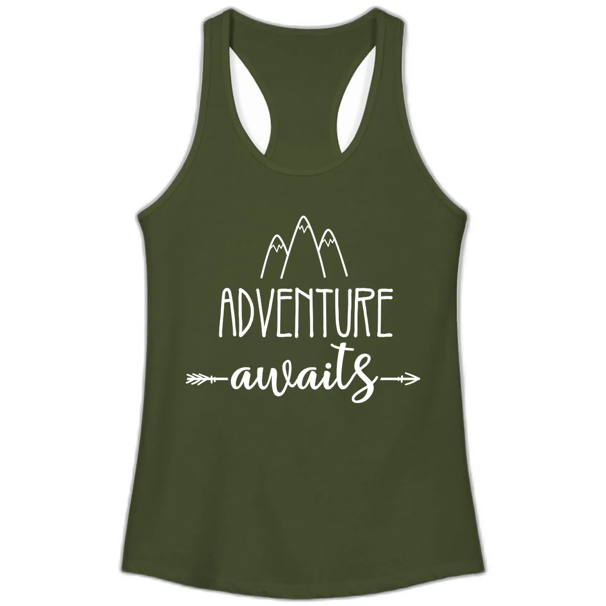Adventure Awaits Mountains Ladies Tank in Solid Military Green