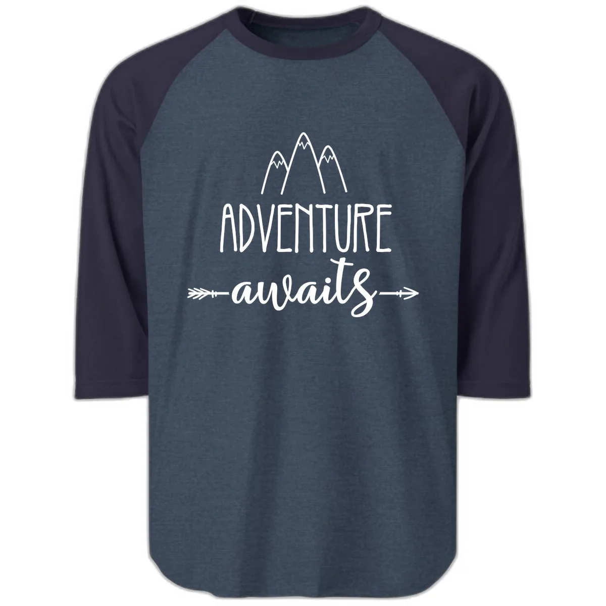 Adventure Awaits Mountains Raglan 3/4 in Heather Denim Navy
