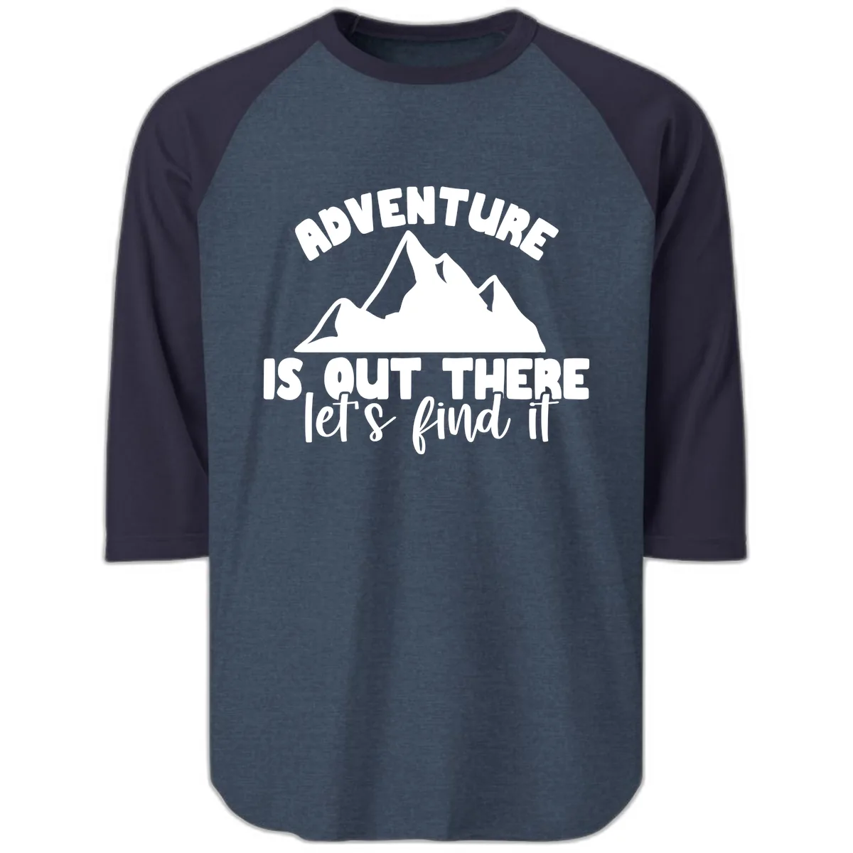 Adventure Is Out There Mountain Raglan 3/4 in Heather Denim Navy