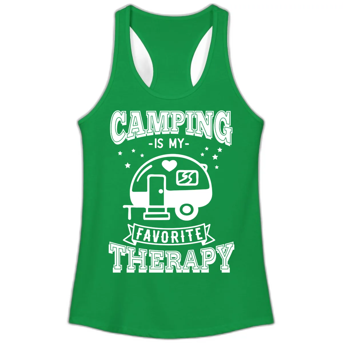 Camping Is My Favorite Therapy Ladies Tank in Solid Kelly Green