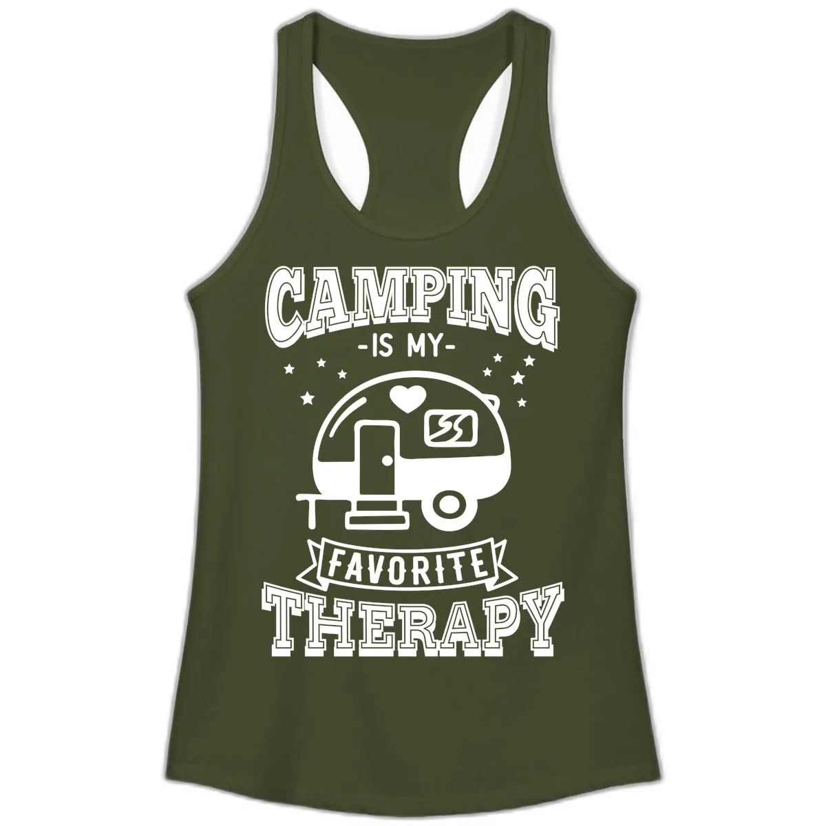 Camping Is My Favorite Therapy Ladies Tank in Solid Military Green