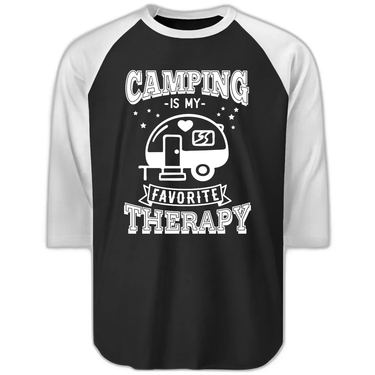 Camping Is My Favorite Therapy Raglan 3/4 in Black White