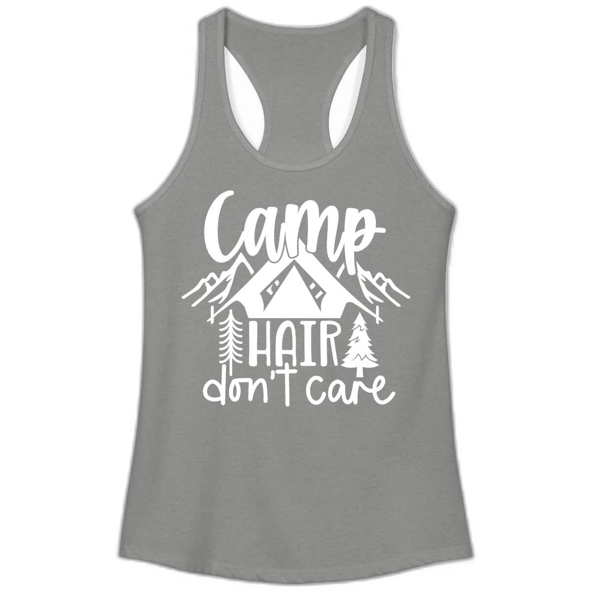 Camp Hair Don't Care Ladies Tank in Heather Grey