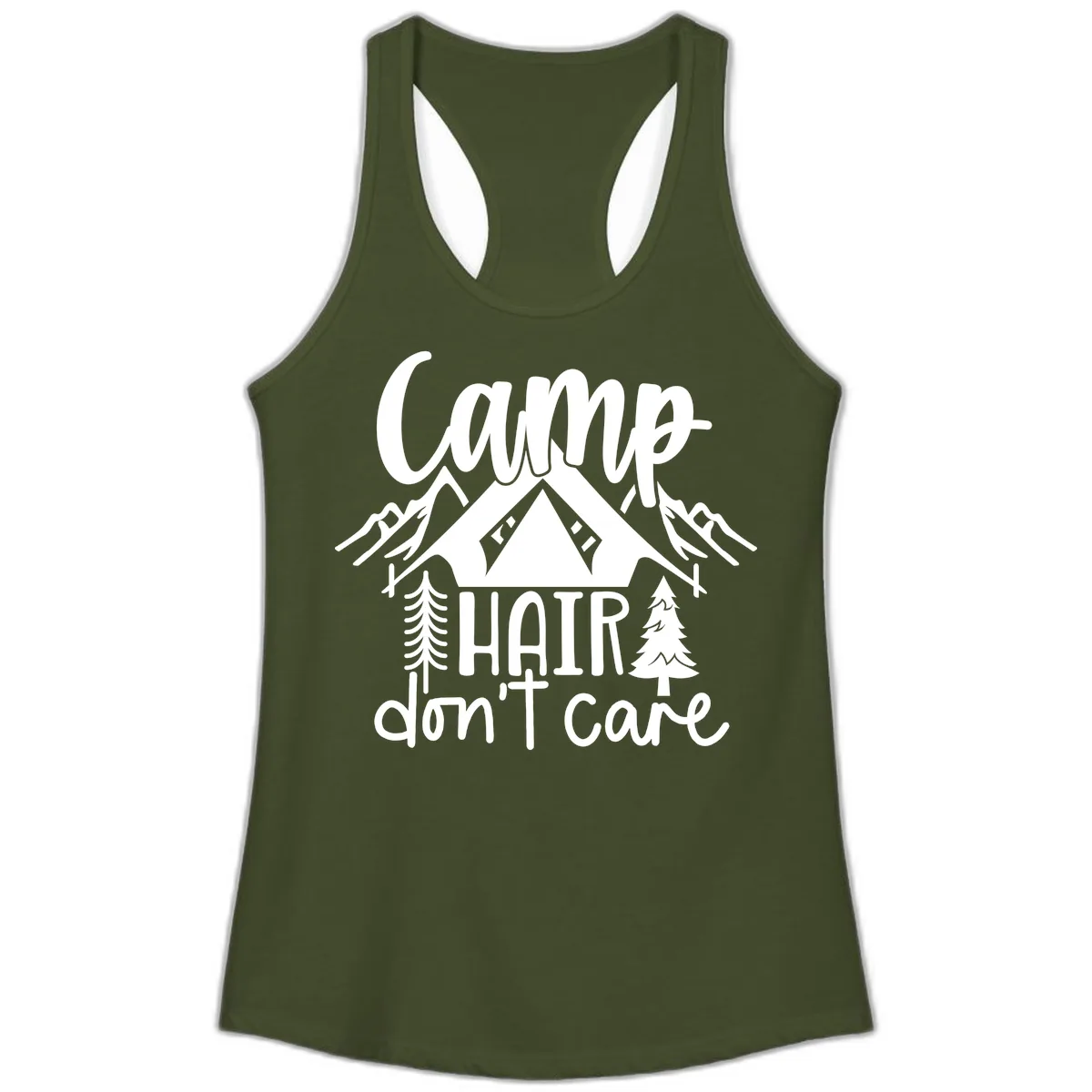 Camp Hair Don't Care Ladies Tank in Solid Military Green